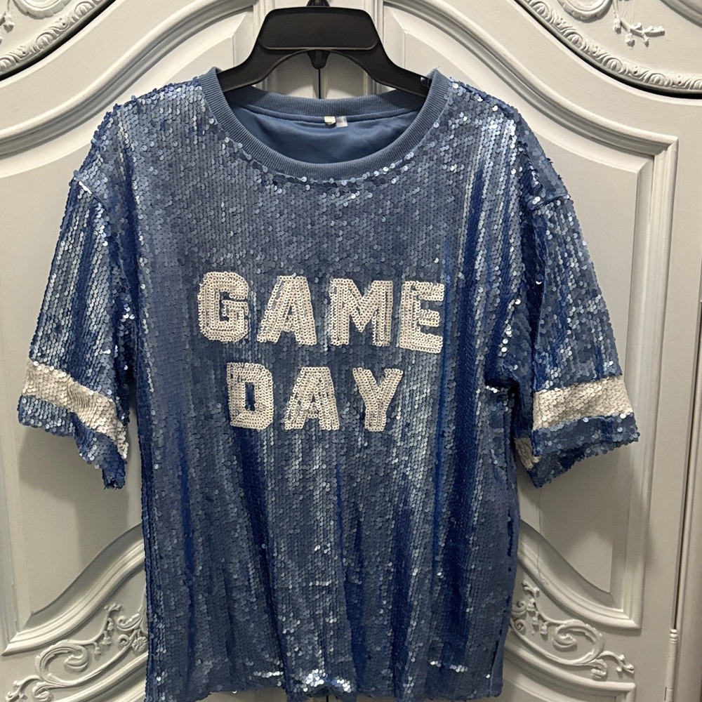 Game Day!  Blue Sequin Game Day Sequin Shirt - medium
